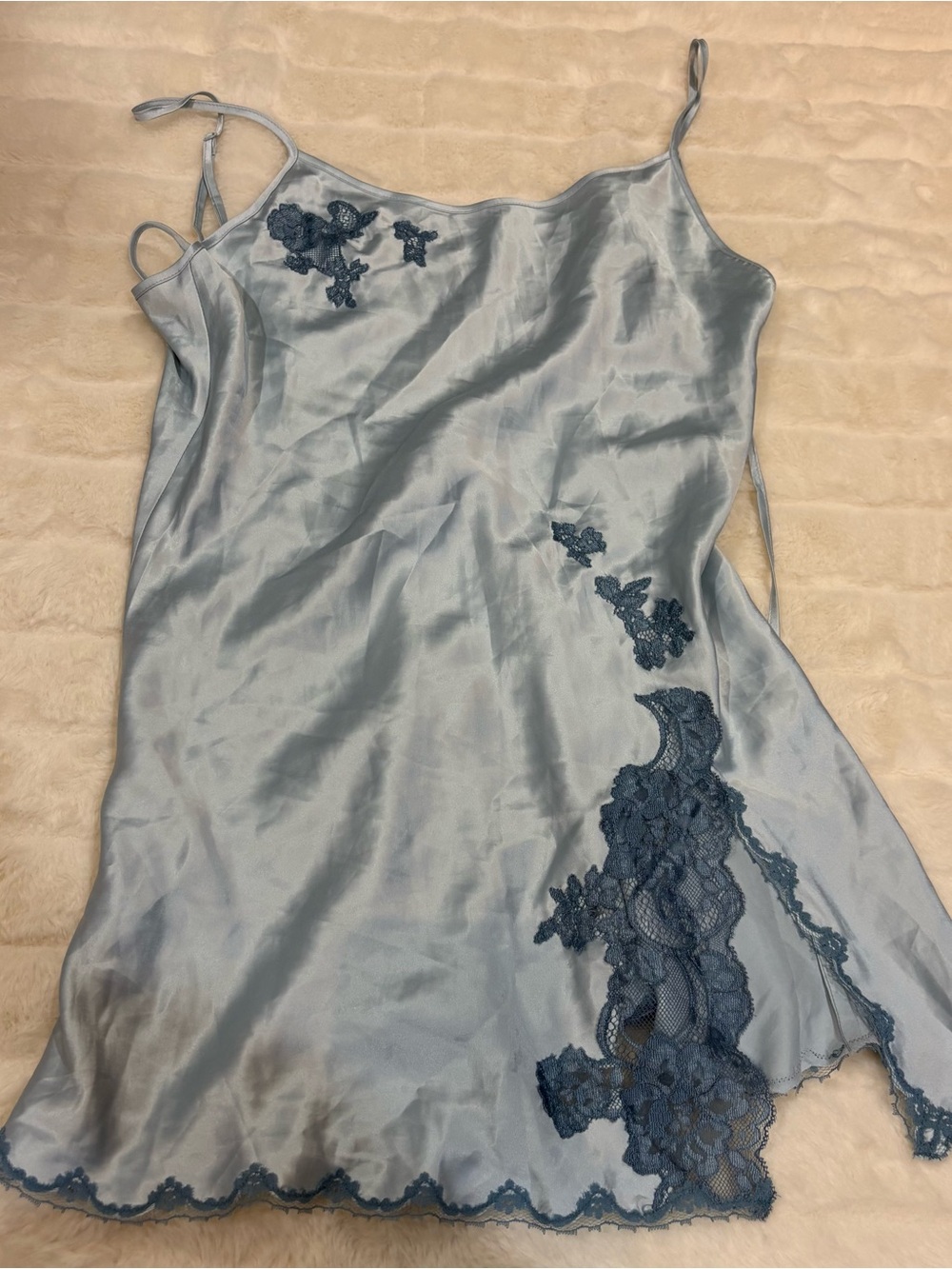 Victoria's Secret Satin Slip Chemise in Slate Blue with Navy Lace